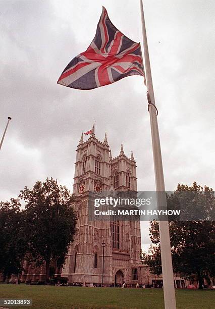 Union Flag flutters at half-mast in the grounds of Westminster Abbey 01 September. The Abbey will stage the funeral of Diana, Princess of Wales, on...