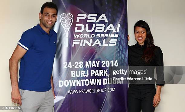 Squash professionals Mohamed El Shorbagy of Egypt and Nicol David of Malaysia pose for picture after a press conference to announce the venue of the...