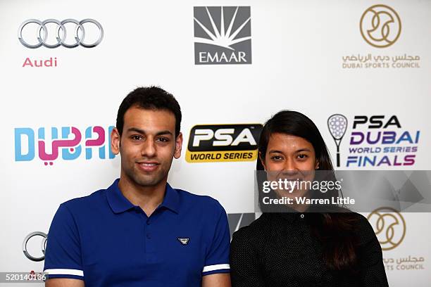 Squash professionals Mohamed El Shorbagy of Egypt and Nicol David of Malaysia pose for picture after a press conference to announce the venue of the...