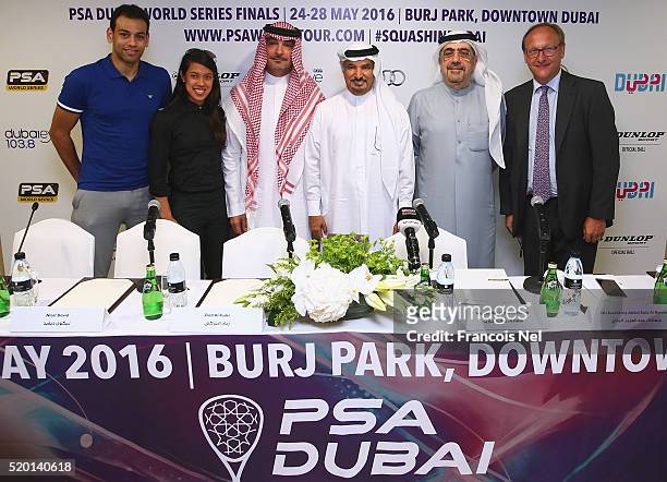 Mohamed El Shorbagy of Egypt, Nicol David of Malaysia, Zaid Al-Turki, PSA Chairman, His Excellency Saeed Hareb Secretary General Dubai Sports...