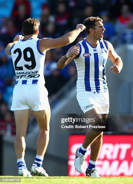 Jarrrad Waite of the Kangaroos celebrates a goal during the round three AFL match between the North Melbourne Kangaroos and the Melbourne Demons at...