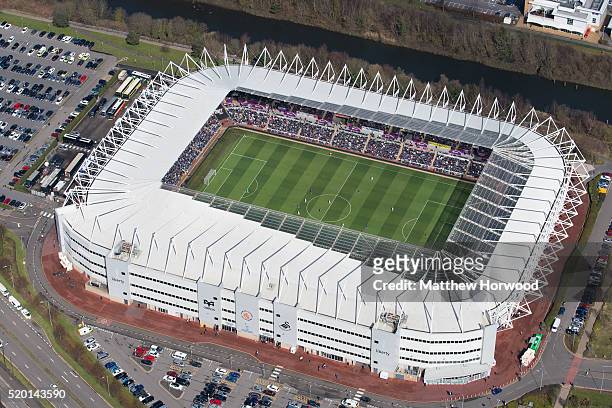 General aerial view of the Liberty Stadium as Swansea City play Chelsea in the Barclays Premier League on April 9, 2016 in Swansea, Wales. Swansea...