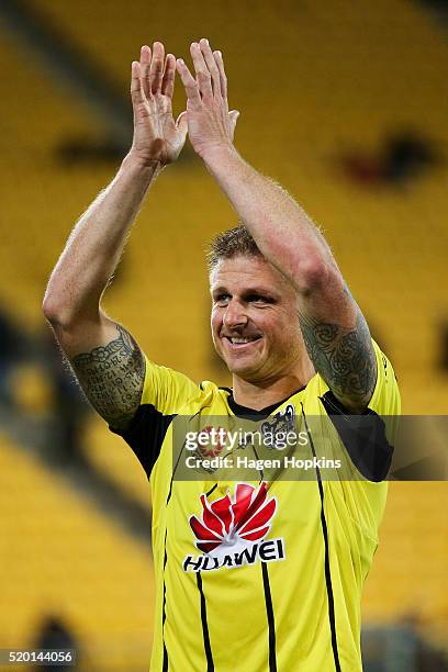 Ben Sigmund of the Phoenix acknowledges the crowd after his final game during the round 27 A-League match between the Wellington Phoenix and Western...