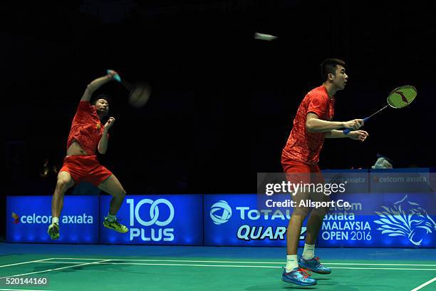 Chai Biao and Hong Wei of China in action against Kim Gi Jung and Kim Sa Rang of South Korea during the Men Doubles Final during the BWF World Super...