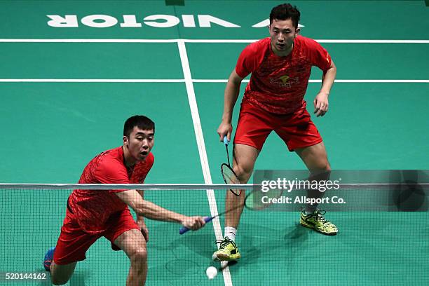 Chai Biao and Hong Wei of China in action against Kim Gi Jung and Kim Sa Rang of South Korea during the Men Doubles Final during the BWF World Super...