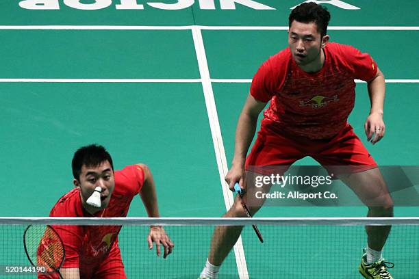 Chai Biao and Hong Wei of China in action against Kim Gi Jung and Kim Sa Rang of South Korea during the Men Doubles Final during the BWF World Super...