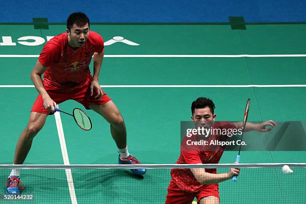 Chai Biao and Hong Wei of China in action against Kim Gi Jung and Kim Sa Rang of South Korea during the Men Doubles Final during the BWF World Super...