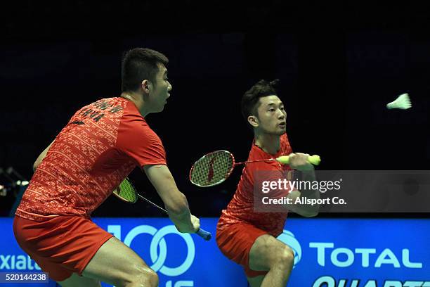 Chai Biao and Hong Wei of China in action against Kim Gi Jung and Kim Sa Rang of South Korea during the Men Doubles Final during the BWF World Super...