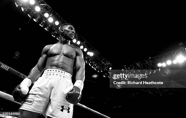 Anthony Joshua of England looks on before round 1 of the IBF World Heavyweight title fight against Charles Martin at The O2 Arena on April 9, 2016 in...