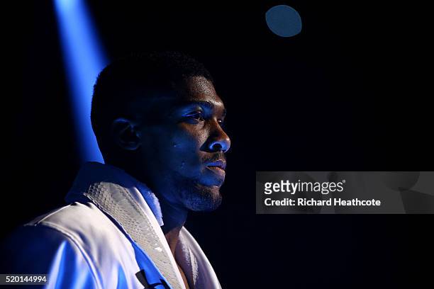 Anthony Joshua of England looks on before the IBF World Heavyweight title fight against Charles Martin at The O2 Arena on April 9, 2016 in London,...