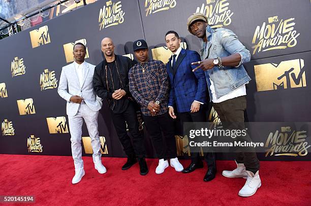 Actors Corey Hawkins, Common, Jason Mitchell, Neil Brown Jr., and Alidis Hodge attend the 2016 MTV Movie Awards at Warner Bros. Studios on April 9,...