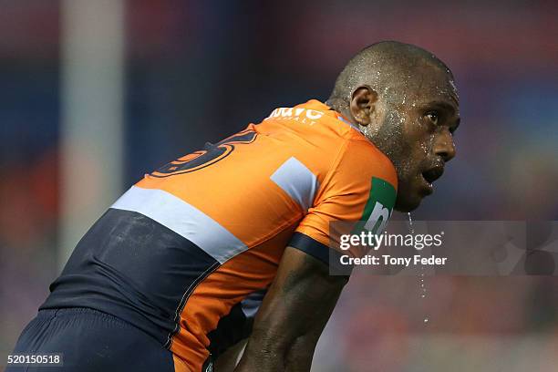 Akuila Uate of the Knights takes a drink during the round six NRL match between the Newcastle Knights and the Wests Tigers at Hunter Stadium on April...