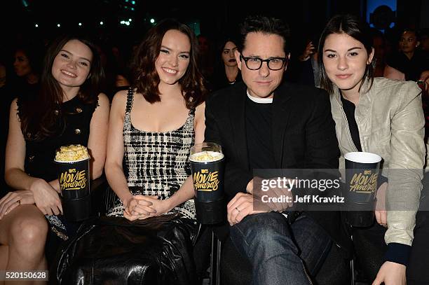 Model Kika-Rose Ridley, actress Daisy Ridley, director J.J. Abrams and Gracie Abrams attend the 2016 MTV Movie Awards at Warner Bros. Studios on...