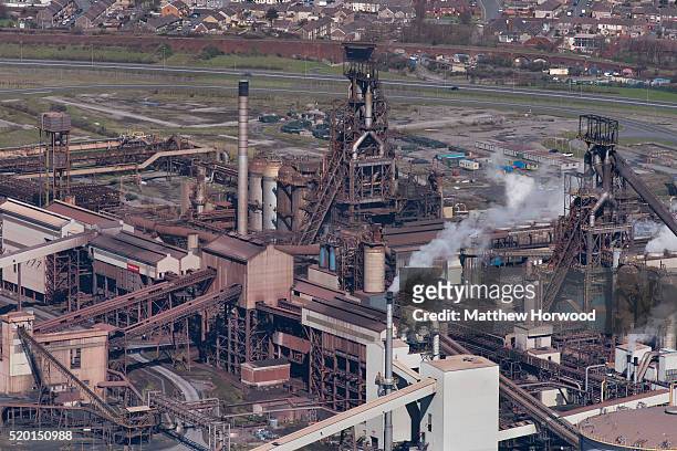 General aerial view of Tata steel on April 9, 2016 in Port Talbot, Wales. Indian owned Tata steel has threatened to pull out of all its UK operations...