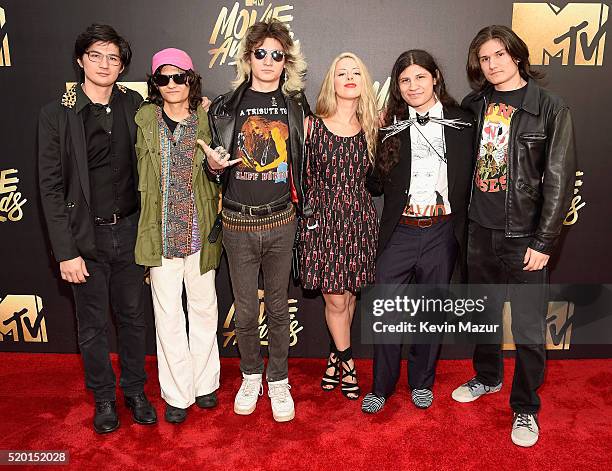 Director Crystal Moselle and 'The Wolfpack' Angulo Brothers attend the 2016 MTV Movie Awards at Warner Bros. Studios on April 9, 2016 in Burbank,...