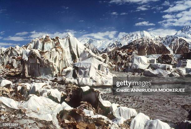 Forward camp of the Indian army in July 1991 at 16 thousand feet and 45 miles up on a 75 mile Siachen Glacier, in Baltistan province, near the...