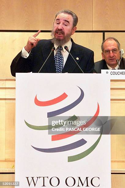 Cuban President Fidel Castro addresses a speech 19 May at the Palais des Nations in Geneva during the opening of ceremonies celebrating the 50th...