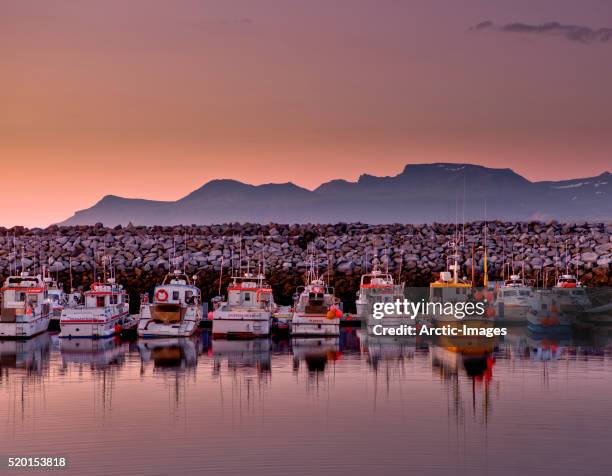 harbor with small fishing boats, olafsvik, snaefellsnes peninsula, iceland - olafsvik stock pictures, royalty-free photos & images