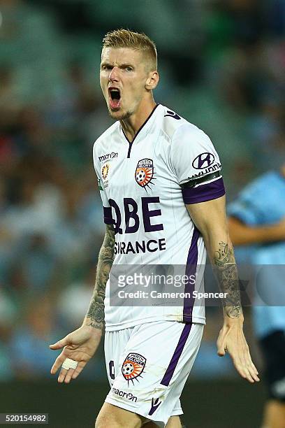 Andrew Keogh of the Glory shows his emotion after an attempt at goal during the round 27 A-League match between Sydney FC and Perth Glory at Allianz...