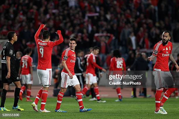 Benfica's Mexican forward Raúl Jiménez celebrates after scoring a goal during the Premier League match between Academica and SL Benfica, at Municipal...