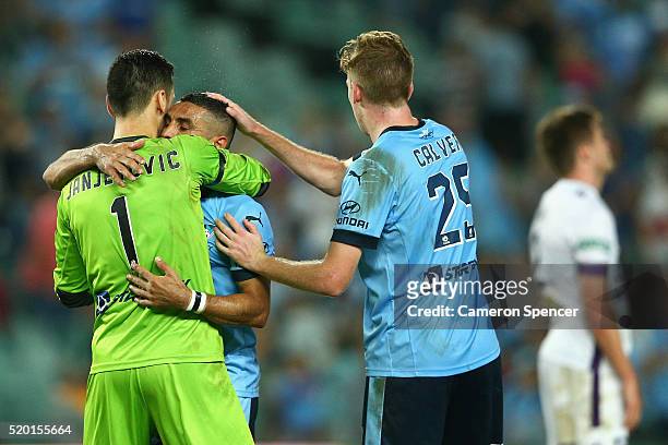 Vedran Janjetovic of Sydney FC and Ali Abbas of Sydney FC embrace after winning the round 27 A-League match between Sydney FC and Perth Glory at...