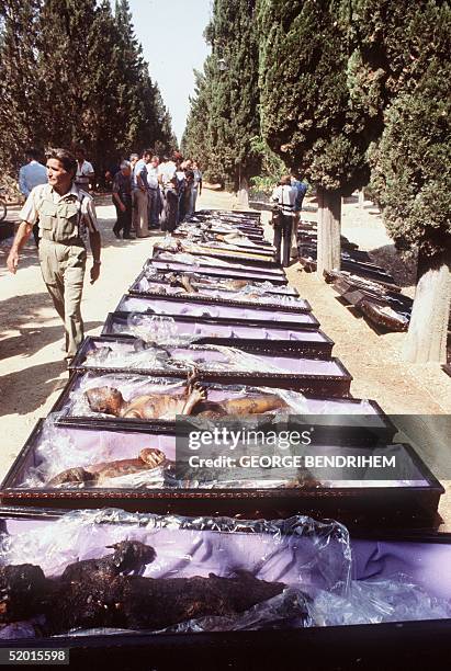 Burned victims lying in coffins 12 July 1978 at "Los Alfaques" campsite devastated at 03 pm 11 July 1978 by a propane gas explosion after a truck...