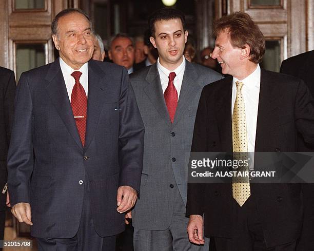 The President of Azerbaijan Heydar Aliyev, , is shown around the British Foreign Office by Britain's Minister of State Doug Henderson, , before a...