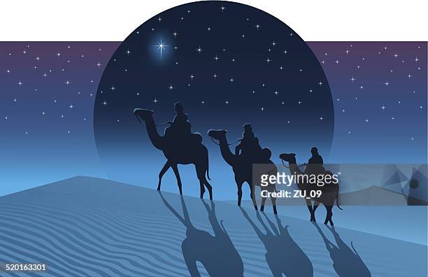 stockillustraties, clipart, cartoons en iconen met the magi from the east follow the star of bethlehem - three wise men