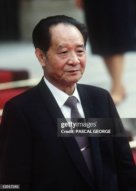 Picture dated 16 June 1986 of Hu Yaobang, Chinese Communist Party general secretary, during a press conference at the steps of the ElysTe Palace in...