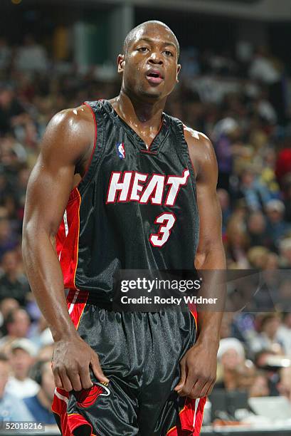 Dwyane Wade of the Miami Heat stands on the court during the game with the Sacramento Kings at Arco Arena on December 23, 2004 in Sacramento,...