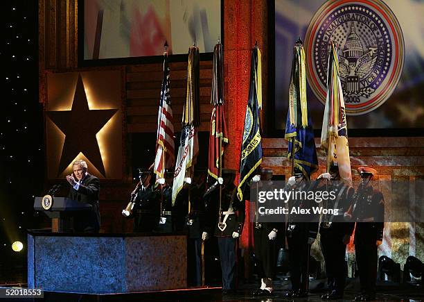 President George W. Bush speaks during the "A Salute to Those Who Serve" event January 18, 2005 at the MCI Center in Washington, DC. The event is...