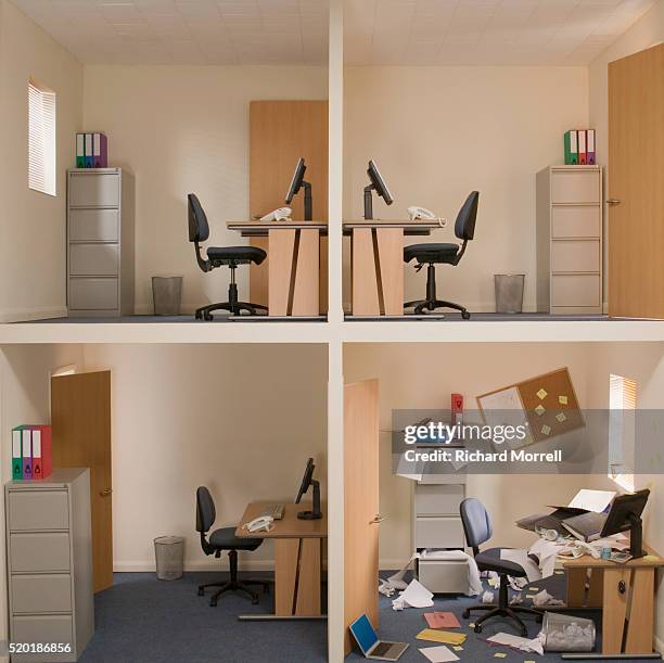 three neat offices and one messy office - office cross section stock pictures, royalty-free photos & images