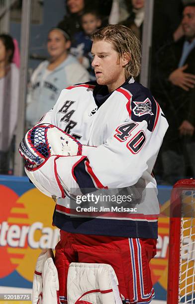 Goalie Steve Valiquette of the Hartford Wolf Pack watches the game against the Bridgeport Sound Tigers on November 26, 2004 at the Arena at Harbor...