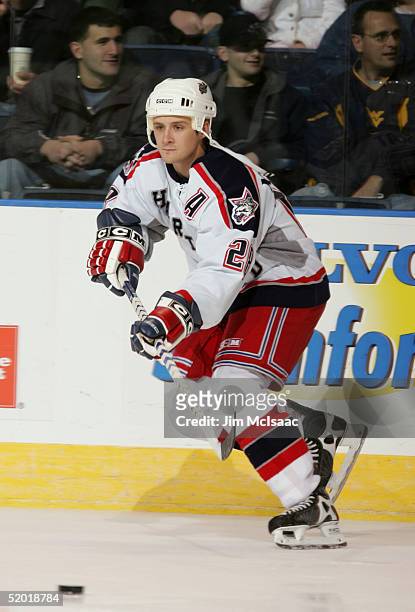 Defenseman Lawrence Nycholat of the Hartford Wolf Pack skates on the ice during the game against the Bridgeport Sound Tigers on November 26, 2004 at...