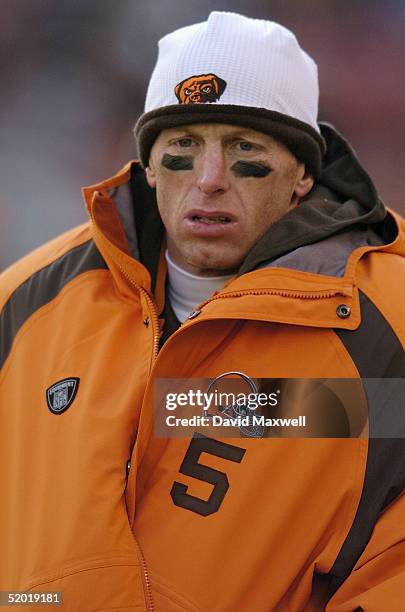 Quarterback Jeff Garcia of the Cleveland Browns watches the game against the New England Patriots at Cleveland Browns Stadium on December 5, 2004 in...