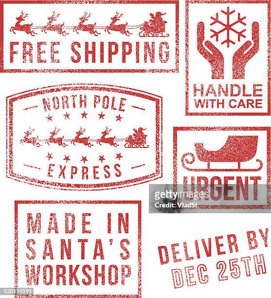 stockillustraties, clipart, cartoons en iconen met north pole - santa's christmas rubber stamps - breekbaarheid