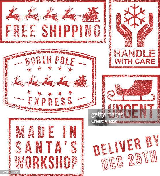 north pole - santa's christmas rubber stamps - fragile sign stock illustrations