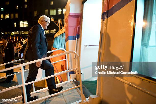 German Foreign Minister Frank-Walter Steinmeier enters a ship for a cocktail cruise during his visit to G7 Foreign Ministers Summit on April 10, 2016...