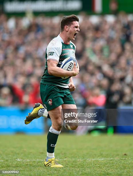 Tigers player Freddie Burns races away to score the third try during the European Rugby Champions Cup Quarter Final match between Leicester Tigers...