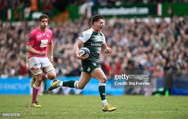 Tigers player Freddie Burns races away to score the third try during the European Rugby Champions Cup Quarter Final match between Leicester Tigers...