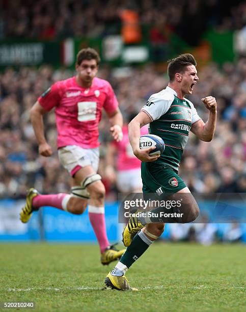 Tigers player Freddie Burns races away to score the third try during the European Rugby Champions Cup Quarter Final match between Leicester Tigers...