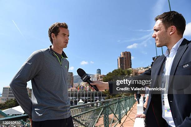 Andy Murray of Great Britain speaks with journalist during media day during day One of the ATP Monte Carlo Masters, at the Monte-Carlo Country Club...