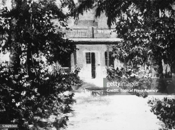 The Baghdad bungalow of English explorer Gertrude Bell, Oriental Secretary to the British High Commission in Iraq, July 1926. A painting by Edith...