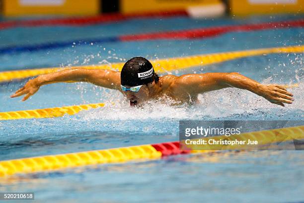 Takuro Fujii competes during the men's 100m butterfly final at the Japan Swim 2016 at Tokyo Tatsumi International Swimming Pool on April 10, 2016 in...