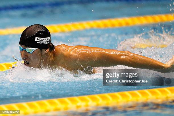 Takuro Fujii competes during the men's 100m butterfly final at the Japan Swim 2016 at Tokyo Tatsumi International Swimming Pool on April 10, 2016 in...