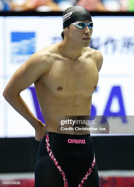 Takuro Fujii prepares to compete in the men's 100m butterfly final at the Japan Swim 2016 at Tokyo Tatsumi International Swimming Pool on April 10,...