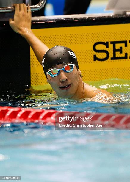 Takuro Fujii looks on during the men's 100m butterfly final at the Japan Swim 2016 at Tokyo Tatsumi International Swimming Pool on April 10, 2016 in...