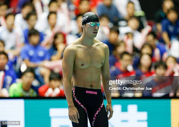 Takuro Fujii prepares to compete in the men's 100m butterfly final at the Japan Swim 2016 at Tokyo Tatsumi International Swimming Pool on April 10,...