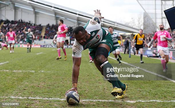 Vereniki Goneva of Leicester scores his second and Leicester's fourth try during the European Rugby Champions Cup quarter final match between...