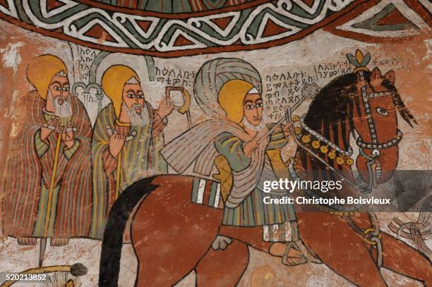 detail of fresco paintings in abuna yemata guh church - abuna yemata guh church stockfoto's en -beelden
